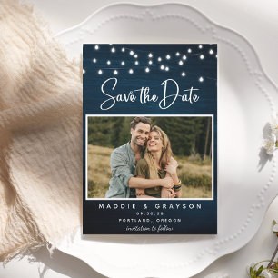 Budget Navy Blue Woods Lights Foto Save the Date Flyer