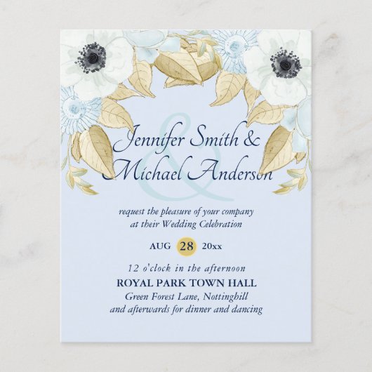 Budget Navy Bue White Anemone Hochzeitseinladungen (Vorderseite)