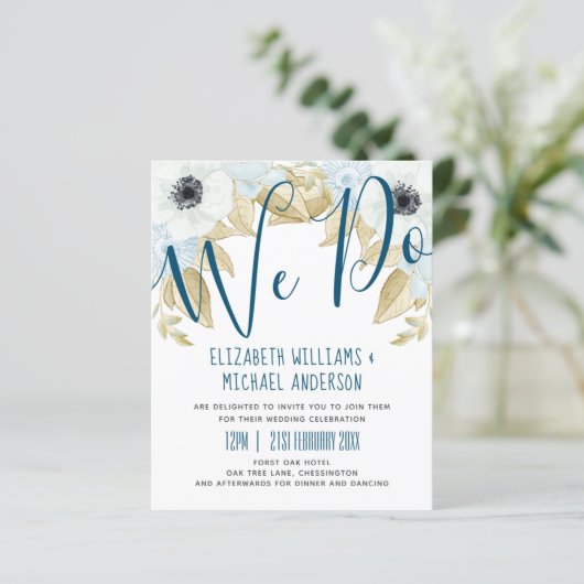Budget Navy Bue White Anemone Hochzeitseinladungen (Stehend Vorderseite)