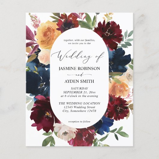 Budget Navy Burgundy Pink & Peach 2 Floral Wedding Flyer (Vorne)