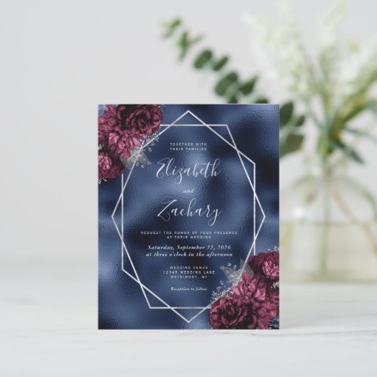 Budget Navy Burgundy Silver Floral QR Code Hochzei (Stehend Vorderseite)