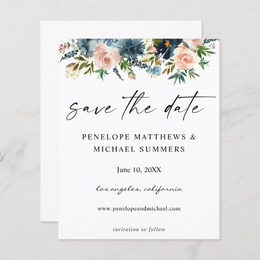 Budget Navy D Blue & Pink Floral Save the Date V2 (Vorne/Hinten)