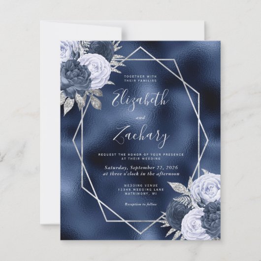 Budget Navy Dusty Blue Floral QR Code Hochzeit (Vorderseite)