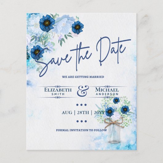Budget Navy Dusty Blue Floral Rustic Hochzeit (Vorderseite)