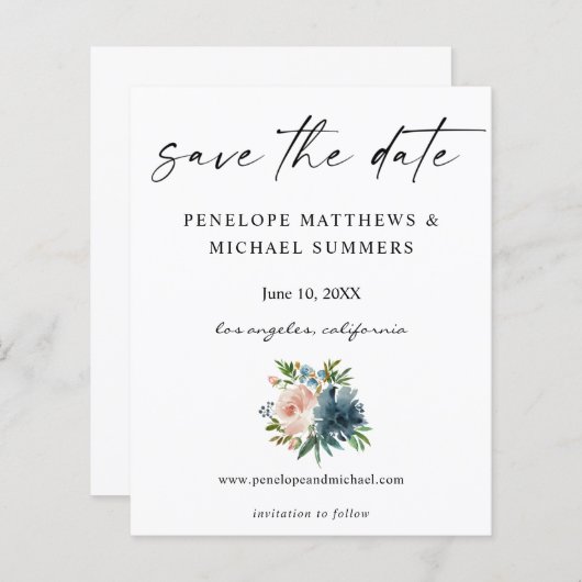 Budget Navy Dusty Blue & Pink Floral Save the Date (Vorne/Hinten)