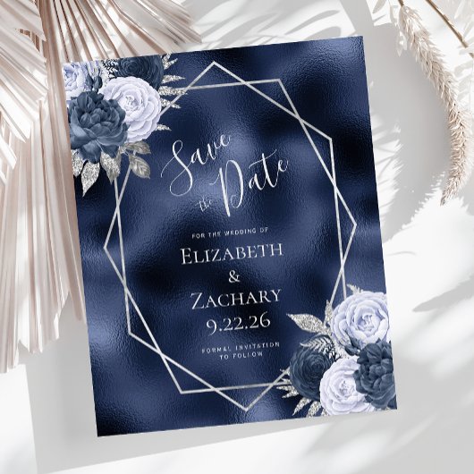 Budget Navy Dusty Blue Silver Floral Save the Date