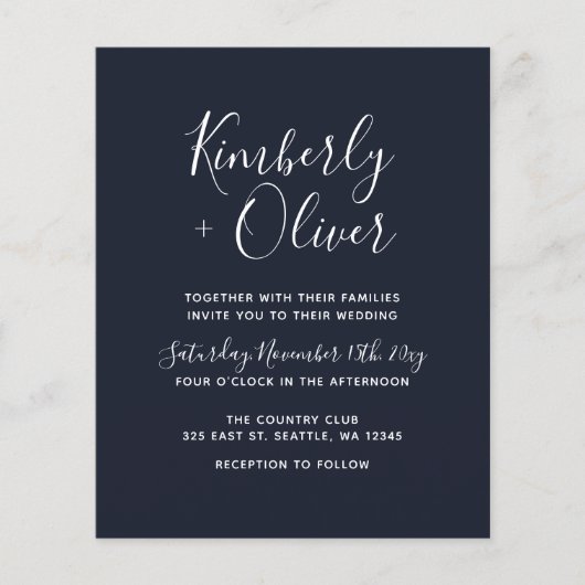 Budget Navy einfache moderne Hochzeitseinladung (Vorderseite)