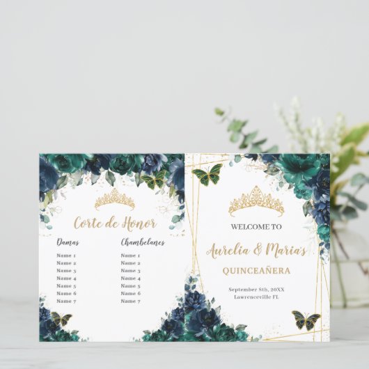 Budget Navy Emerald Floral Quinceañera Programm (Stehend Vorderseite)