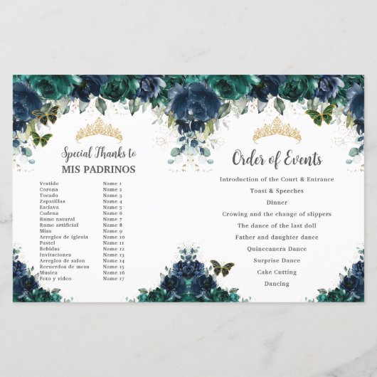 Budget Navy Emerald Floral Quinceañera Programm (Rückseite)