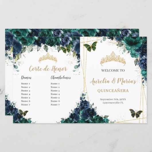Budget Navy Emerald Floral Quinceañera Programm (Vorne/Hinten)