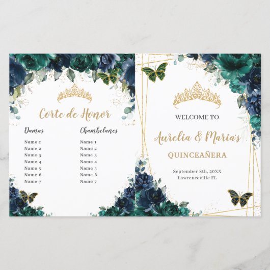 Budget Navy Emerald Floral Quinceañera Programm (Vorderseite)