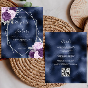 Budget Navy Flieder Silber Blumen QR Code Hochzeit