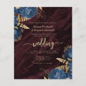 Budget Navy Gold Blumen Burgund QR Code Hochzeit (Vorderseite)