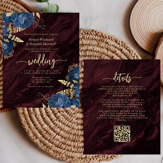 Budget Navy Gold Blumen Burgund QR Code Hochzeit