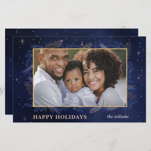 Budget Navy Gold Botanische Foto Holiday Card (Vorne/Hinten)