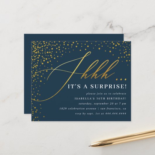 Budget Navy & Gold Confetti Skript Überraschung Pa (Vorderseite/Rückseite Beispiel)