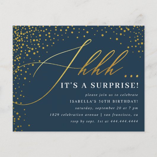 Budget Navy & Gold Confetti Skript Überraschung Pa (Vorderseite)