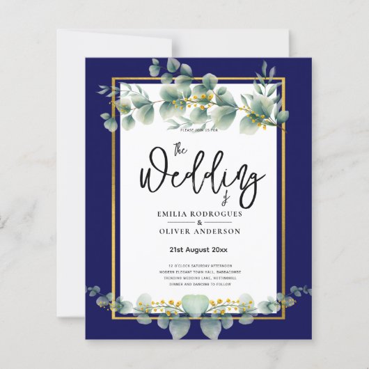 BUDGET NAVY GOLD Eucalyptus Wedding Einladung QR C (Vorderseite)