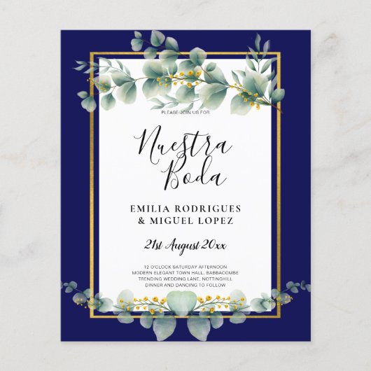 BUDGET NAVY GOLD Eucalyptus Wedding Einladung QR C Flyer (Vorne)