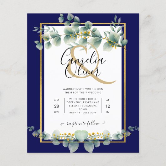 BUDGET NAVY GOLD Eucalyptus Wedding Einladung QR C Flyer (Vorne)