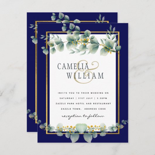 BUDGET NAVY GOLD Eucalyptus Wedding Einladung QR C Postkarte (Vorne/Hinten)