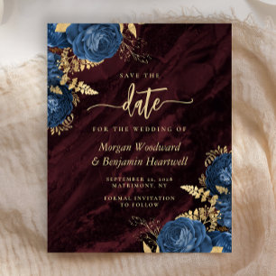 Budget Navy Gold Floral Burgund Save-the-Date-Kart
