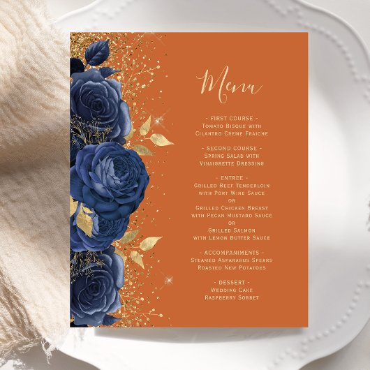 Budget Navy Gold Floral Burnt Orange Wedding Menü