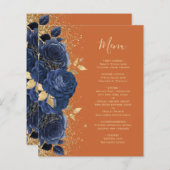 Budget Navy Gold Floral Burnt Orange Wedding Menü (Vorne/Hinten)