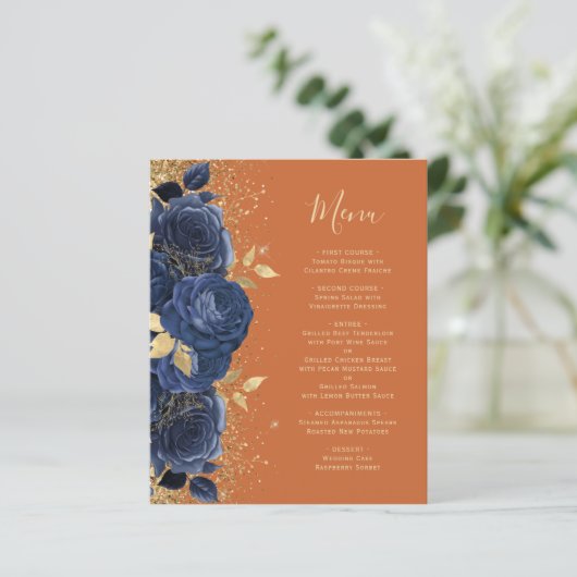Budget Navy Gold Floral Burnt Orange Wedding Menü (Stehend Vorderseite)