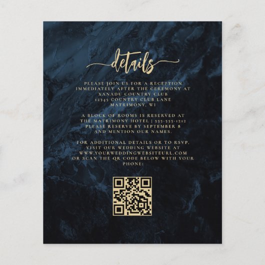 Budget Navy Gold Floral QR Code Hochzeit einladen (Rückseite)