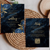 Budget Navy Gold Floral QR Code Hochzeit einladen