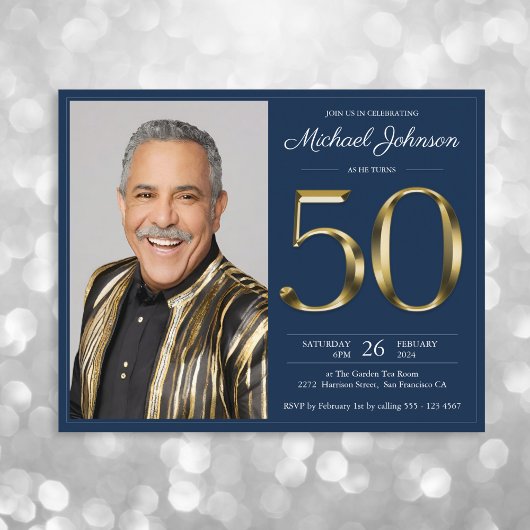 Budget Navy Gold Foto 50. Geburtstag Einladung