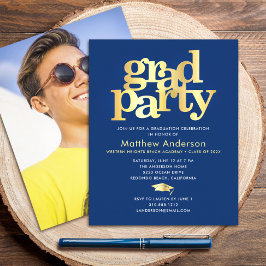 Budget Navy Gold Foto Grad Party Minimal Einladung