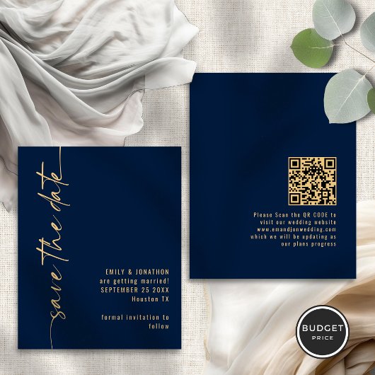 Budget Navy Gold Script QR Hochzeit speichern das 
