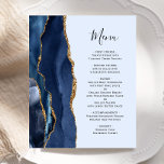 Budget Navy Light Blue Gold Agate Wedding Menü<br><div class="desc">Die links Seite dieses eleganten,  modernen Hochzeitsmenüs besticht durch eine marineblau-blaue Aquarellgrenze,  die mit Imitaten mit goldenem Glitzer bestickt wurde. Der anpassbare Text kombiniert marineblaue Schrift- und Copperplate-Schriftart auf hellpastellblauem Hintergrund. Auf der Rückseite ist ein passendes marineblau-goldfarbenes Design zu sehen.</div>