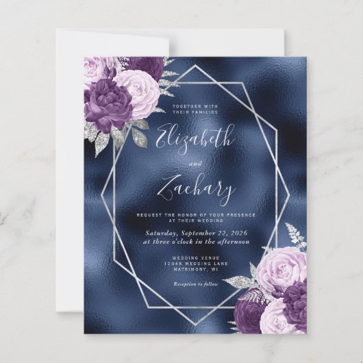 Budget Navy Lilac Silver Floral QR Code Hochzeit (Vorderseite)