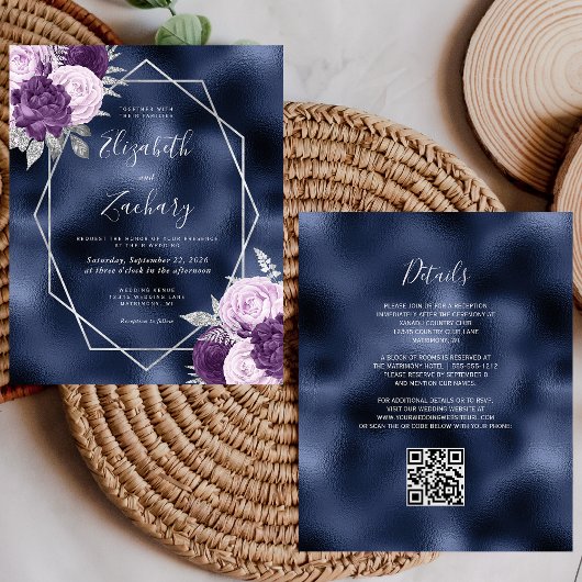Budget Navy Lilac Silver Floral QR Code Hochzeit