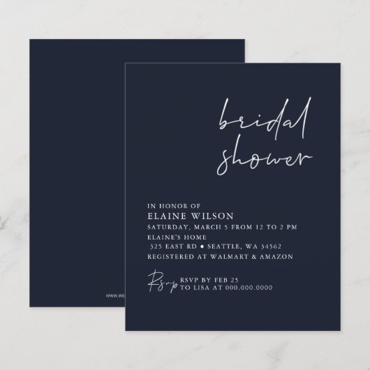 Budget Navy Moderne Brautdusche Einladung (Vorne/Hinten)