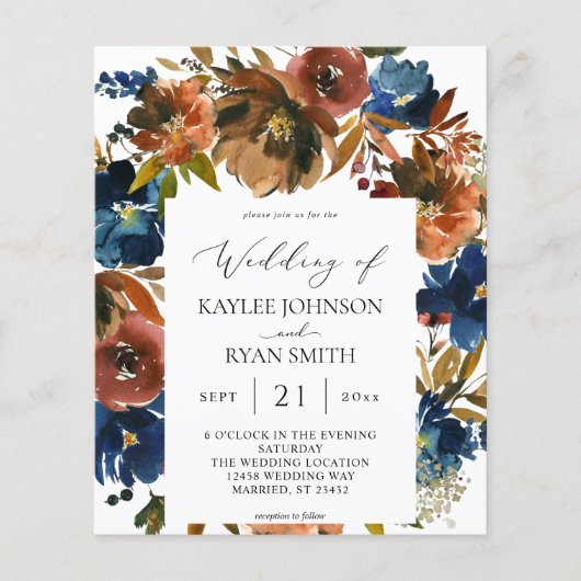 Budget Navy, Orange & Brown Floral 2 Hochzeit Flyer (Vorne)