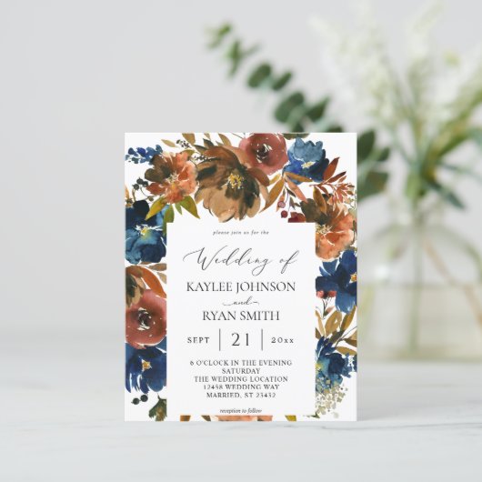 Budget Navy, Orange & Brown Floral 2 Hochzeitspapi (Stehend Vorderseite)