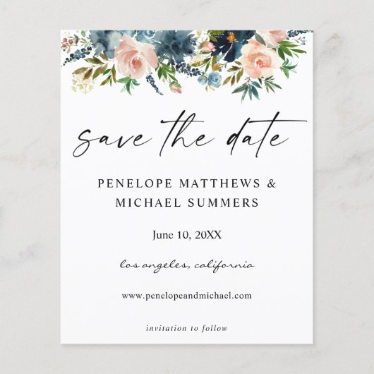 Budget Navy & Pink Floral Save the Date V2 Foto Flyer (Vorne)