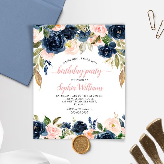 Budget Navy & Pink Roses Geburtstagsparty Einladun