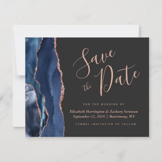 Budget Navy Rose Agate Dark Save the Date (Vorderseite)