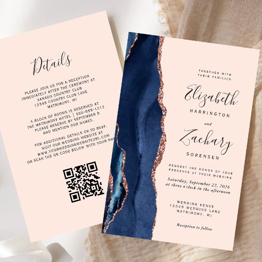 Budget Navy Rose Gold Agate Blush QR Code Hochzeit
