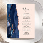 Budget Navy Rose Gold Agate Blush Wedding Menü<br><div class="desc">Die links Seite dieses eleganten,  modernen Hochzeitsmenüs besticht durch eine marineblau-blaue Aquarellgrenze,  die mit Imitaten Rose Gold Glitzer bestickt wurde. Der anpassbare Text kombiniert handgeschriebene Skripte und Copperplate-Schriftart in Holzkohlegrau auf einem rot-rosa Hintergrund. Auf der Rückseite ist ein passendes marineblau-blaues und goldfarbenes Dekor mit Rose.</div>