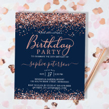 Budget Navy Rose Gold Glitzer Geburtstag Einladung
