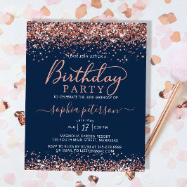 Budget Navy Rose Gold Glitzer Geburtstag Einladung