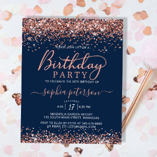 Budget Navy Rose Gold Glitzer Geburtstag Einladung