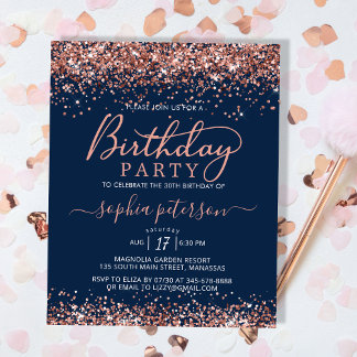 Budget Navy Rose Gold Glitzer Geburtstag Einladung
