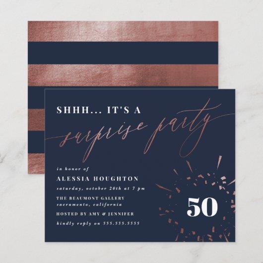 Budget Navy & Rose Gold Script Überraschung Party (Vorne/Hinten)
